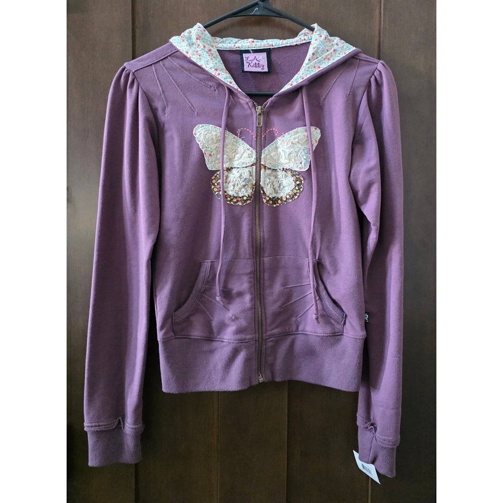 NWT Med LA Kitty Purple Butterfly Applique Zip Up Hoodie Floral Cottagecore Y2K